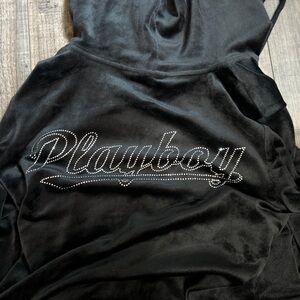 PLAYBOY Black Velour Hoodie with Rhinestone Script